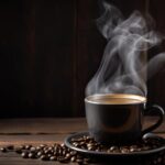 ai-generated-ai-generative-morning-breakfast-coffee-cup-mug-with-plate-beans-abd-aroma-smoke-graphic-art-photo